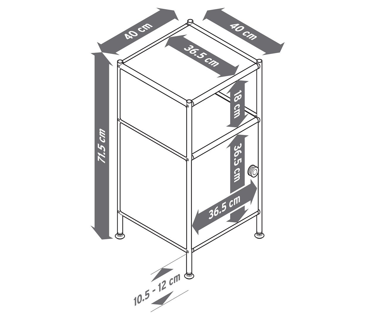 Draufsicht eines Rollcontainers mit Schubladen und Maßangaben.