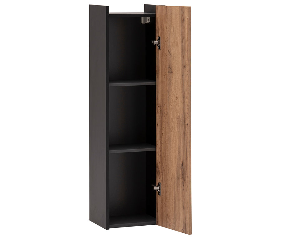 Geöffneter WS Highboard »Tonder« in Eiche Landhaus Optik mit schwarzen Regalböden.