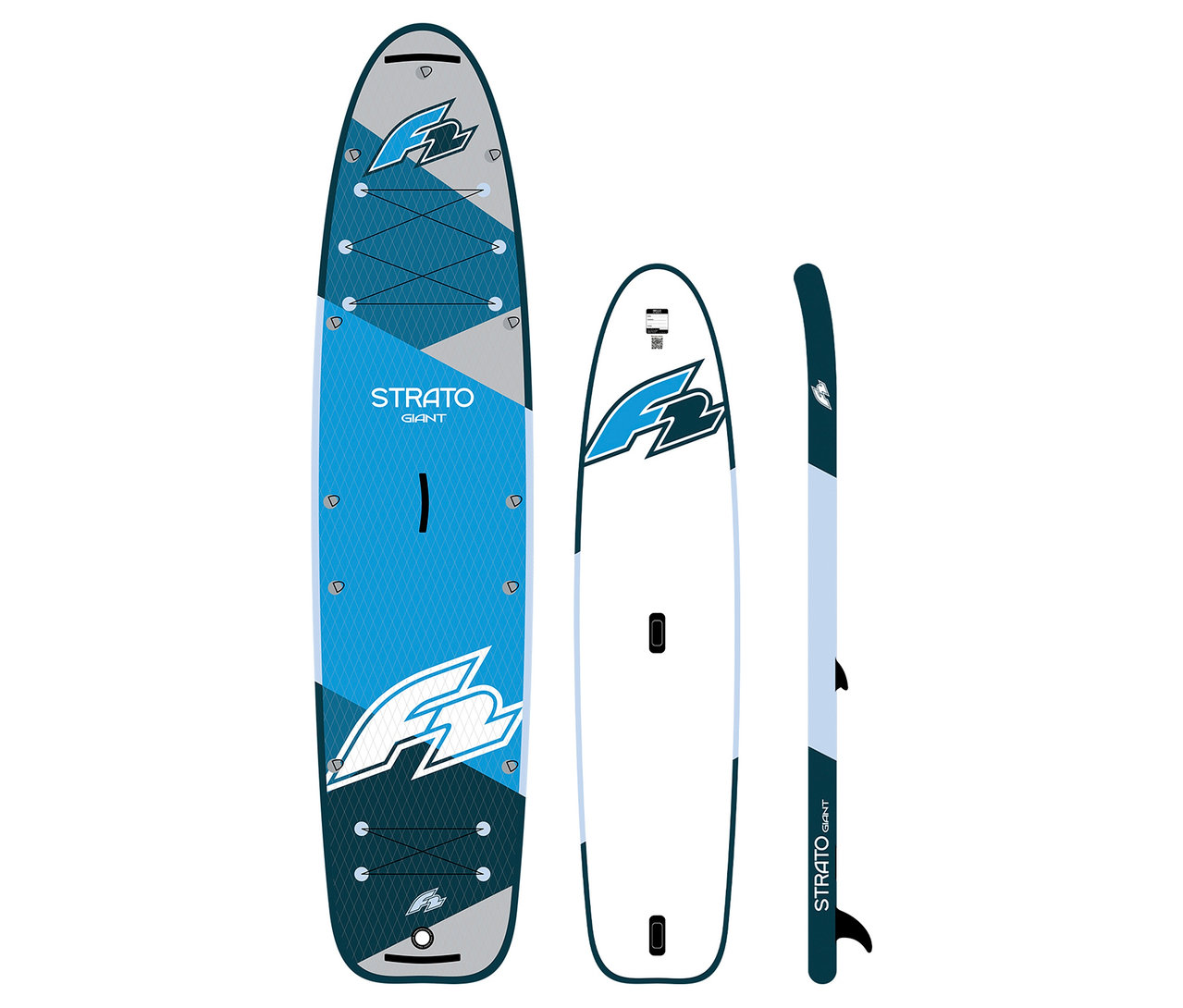 Drei Ansichten des F2 SUP Board »Strato Giant«: Vorder-, Seiten- und Rückansicht.