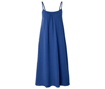Blaues, ärmelloses Maxikleid mit Spaghettiträgern vor einem weißen Hintergrund.