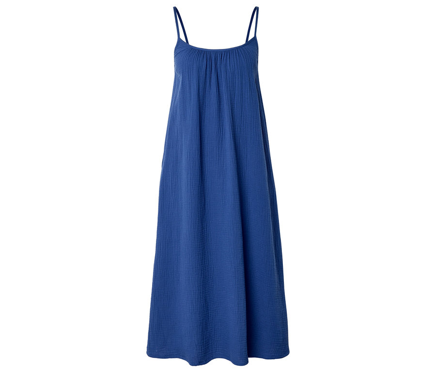 Blaues, ärmelloses Maxikleid mit Spaghettiträgern vor einem weißen Hintergrund.
