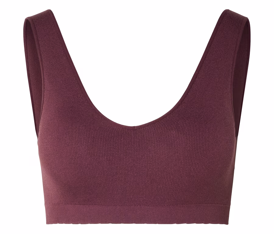 Ein burgunderrotes, geripptes Sport-Bustier mit V-Ausschnitt ist vor einem weißen Hintergrund zu sehen.