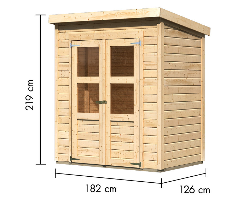 Holzgartenhaus mit Doppeltür und Fenstern, Maße: 219 cm Höhe, 182 cm Breite und 126 cm Tiefe.