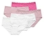 Fünf Baumwollslips in Weiß, Rosa und Pink liegen übereinander.