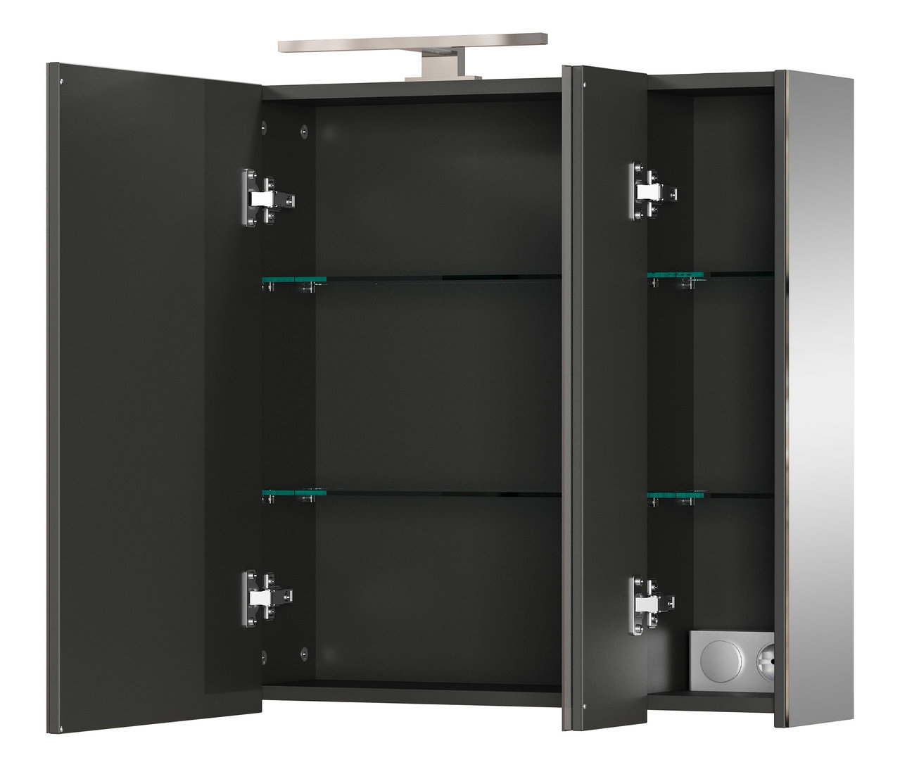 Geöffneter, grauer Spiegelschrank »Tavira« mit Glasböden und silberner Lampe.