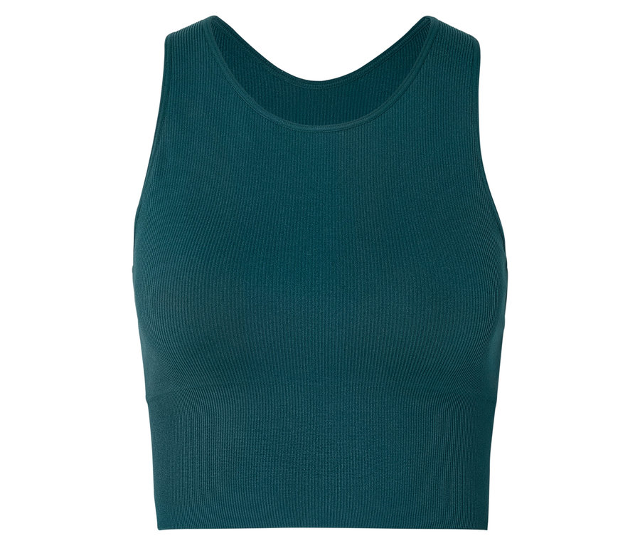 Geripptes, ärmelloses, dunkelblaugrünes Tanktop auf weißem Hintergrund.