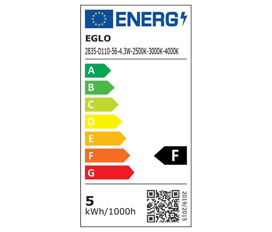 Das Energielabel von EGLO 2835-D110-56-4.3W zeigt die Energieeffizienzklasse F und einen Verbrauch von 5 kWh/1000h.