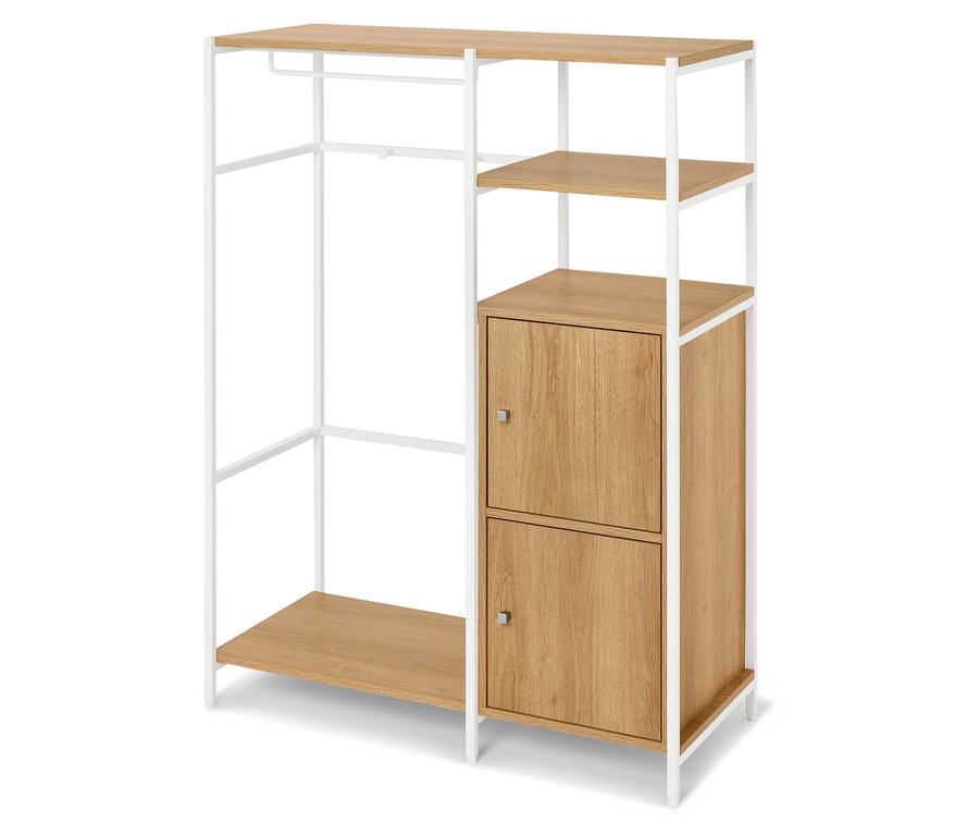 Ein Regal mit einem weißen Rahmen und hölzernen Regalböden und Schränken.