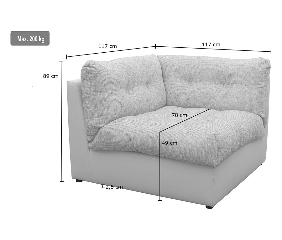 Abmessungen des DOMO Sofa »800 026«, Eckmoduls sind dargestellt.