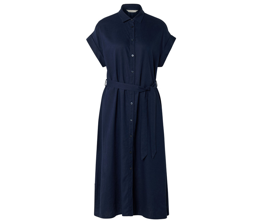 Dunkelblaues Hemdblusenkleid mit kurzen Ärmeln und Bindegürtel.