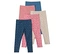 Fünf Kinderleggings in Blau, Rosa, Altrosa und Beige liegen übereinander. Die blauen, altrosa und beigen Leggings sind mit Blümchen bedruckt.