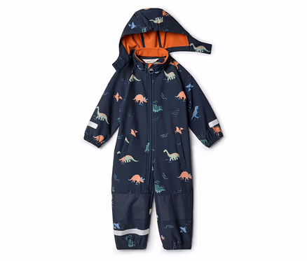 Marineblauer Overall mit Kapuze und Dinosaurier-Muster liegt auf dem Boden.