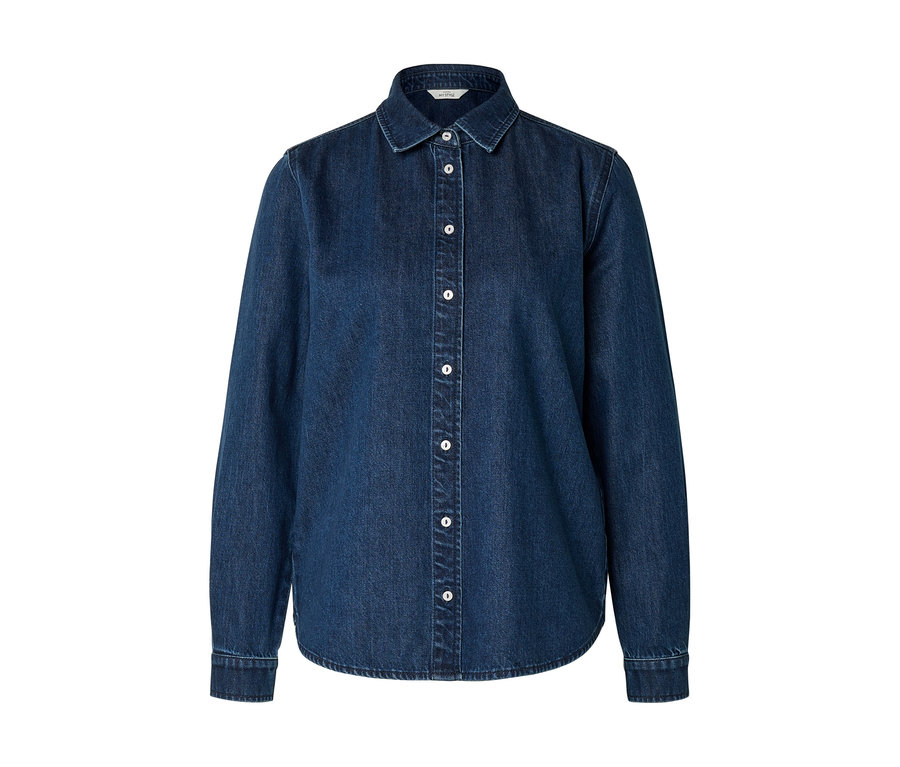 Dunkelblaues Jeanshemd mit langen Ärmeln, klassischem Kragen und weißen Knöpfen vorne.
