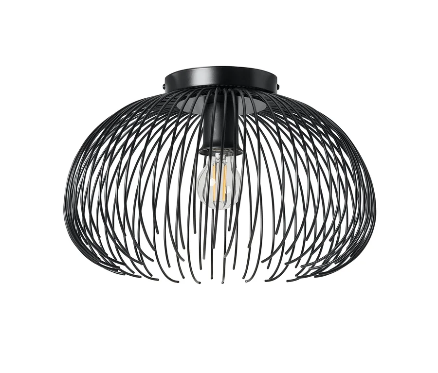 Schwarze Deckenleuchte mit einem Drahtgeflecht-Schirm in Form einer abgeflachten Kuppel. Eine Edison-Glühbirne ist im Inneren sichtbar.