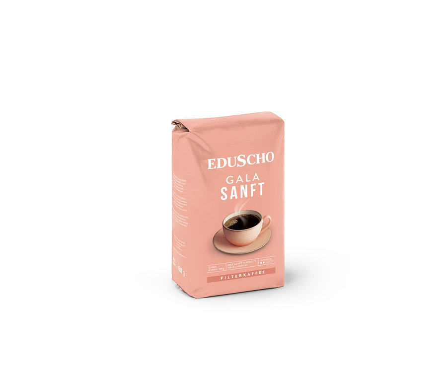 Eine Packung Eduscho Gala sanft. Auf der Packung ist eine Tasse Kaffee abgebildet.