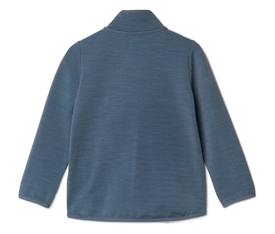 Rückansicht eines blauen Langarmshirts mit Stehkragen aus strukturiertem Stoff.