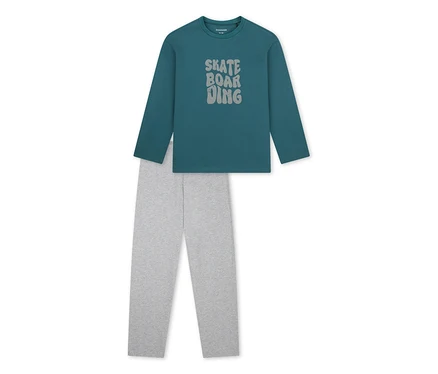 SCHIESSER Kinder-Pyjama »Skate«: Türkises Langarmshirt mit „SKATE BOARDING“-Aufschrift und hellgraue lange Hose.