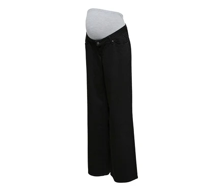 Schwarze MAMALICIOUS Wideleg Jeans »MALAGA« mit grauem, elastischem Schwangerschaftsbund.