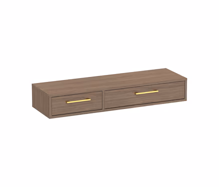 Hängekonsole „Glenn“ in Holzoptik mit zwei Schubladen und goldenen Griffen.