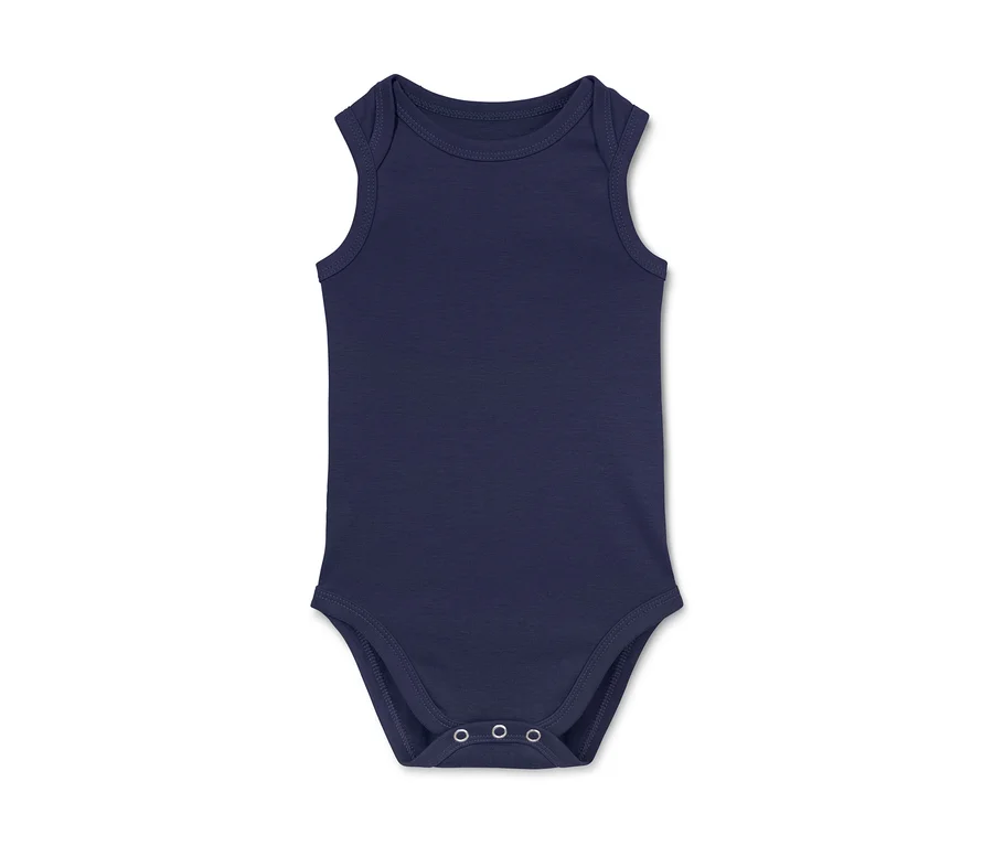 Detailaufnahme eines blauen, ärmellosen Bodys aus einem 5er-Set.