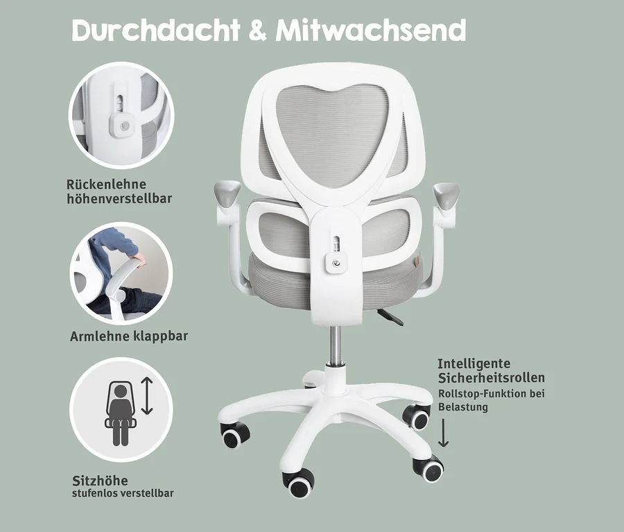Der Roba Bürostuhl mit geteilter Rückenlehne und Armlehnen ist von hinten zu sehen. Die Rückenlehne ist höhenverstellbar, die Armlehne klappbar.