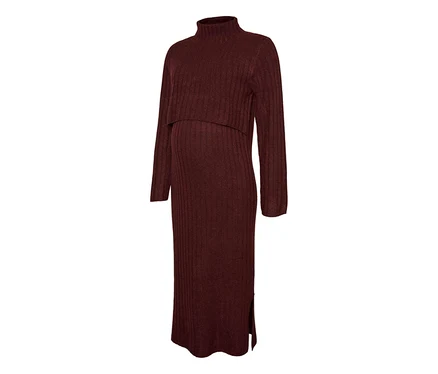 MAMALICIOUS Midi-Strick-Kleid »SUNIVA« in Dunkelrot, gerippt, mit Rollkragen, langen Ärmeln, Überlappung am Oberteil und seitlichem Schlitz.