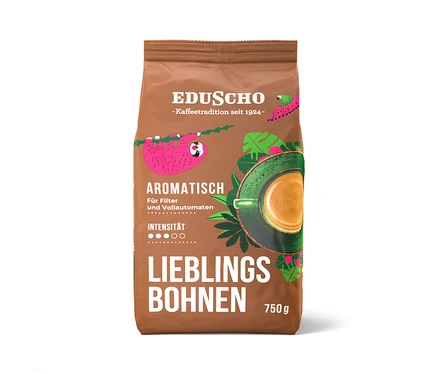 Braune Eduscho Lieblingsbohnen Aromatisch 750 g Ganze Bohne Packung mit Faultier, Blättern und Kaffeetasse.