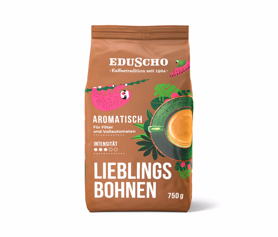 Braune Eduscho Lieblingsbohnen Aromatisch 750 g Ganze Bohne Packung mit Faultier, Blättern und Kaffeetasse.