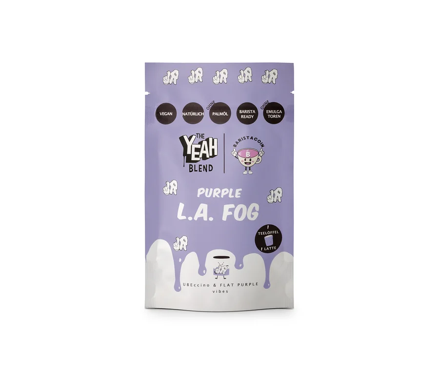 Lila-weißer Beutel "The Yeah Blend - Purple L.A. Fog x Ube - 100 g" mit Aufschriften wie "Vegan", "Ohne Palmöl" und "Barista Ready".