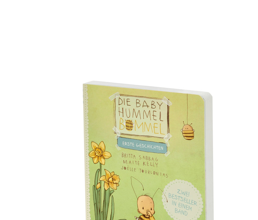 Illustration des Buches "Baby Hummel Bommel – erste Geschichten": Oben ein geschlossenes Buch, unten ein geöffnetes mit einer Illustration zum Zähneputzen.