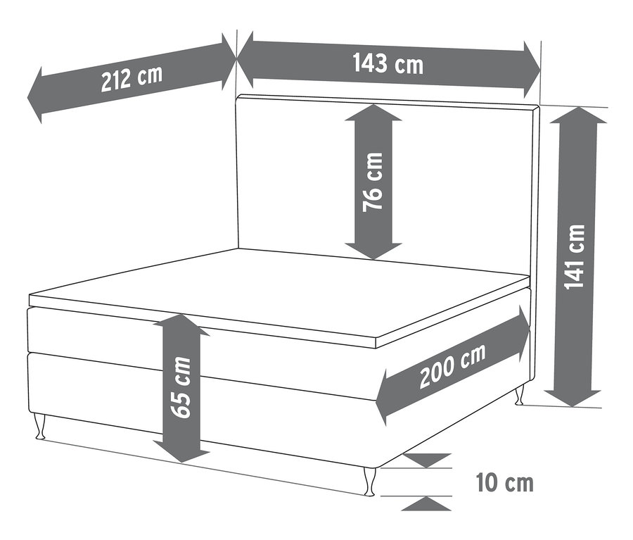 Abmessungen eines Scapa Boxspringbetts, ca. 140 x 200 cm. Die Maße für Höhe, Breite und Länge sind dargestellt.