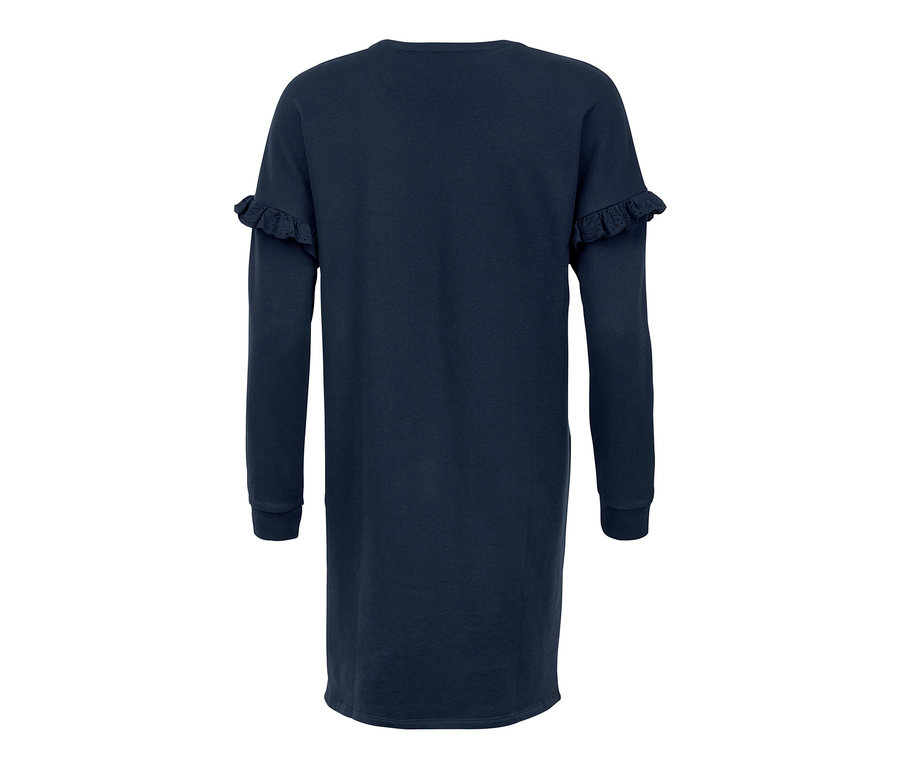 Dunkelblaues Sweatkleid mit langen Ärmeln und Rüschen.