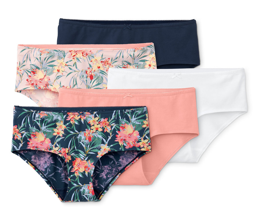 Fünf Pantys in verschiedenen Farben und Mustern.