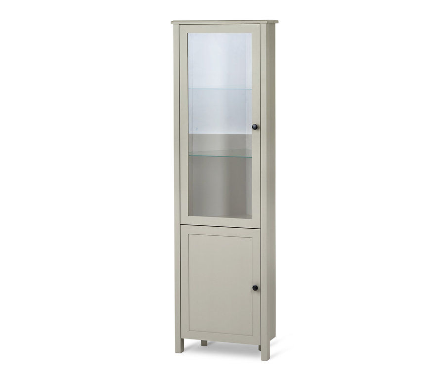 Eine graue Eckvitrine mit Glastüren und Regalen.