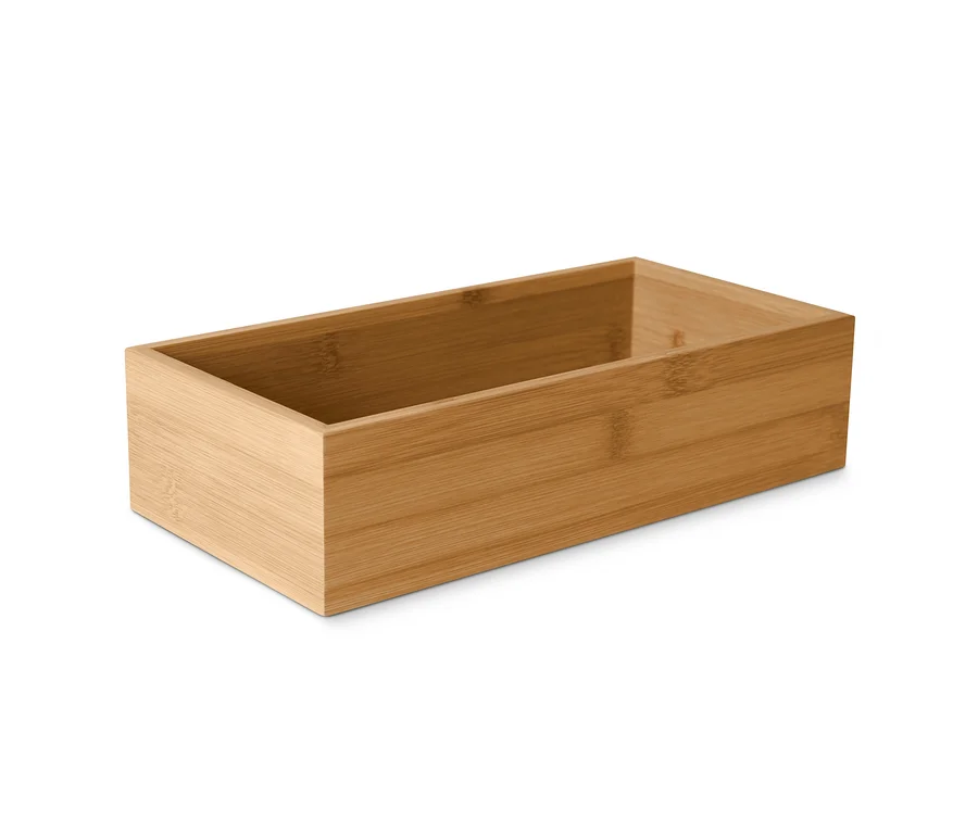 Nahaufnahme einer leeren Gewürzaufbewahrungsbox aus Bambus.