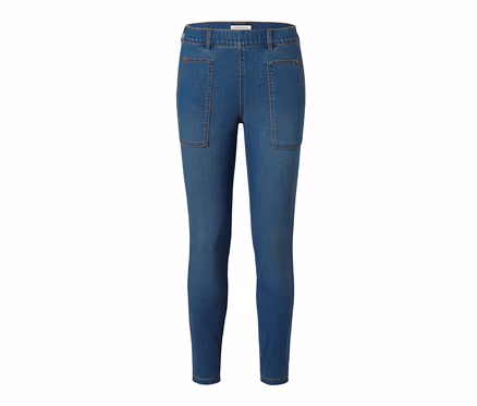 Blaue Treggings mit Gummibund und Taschen.