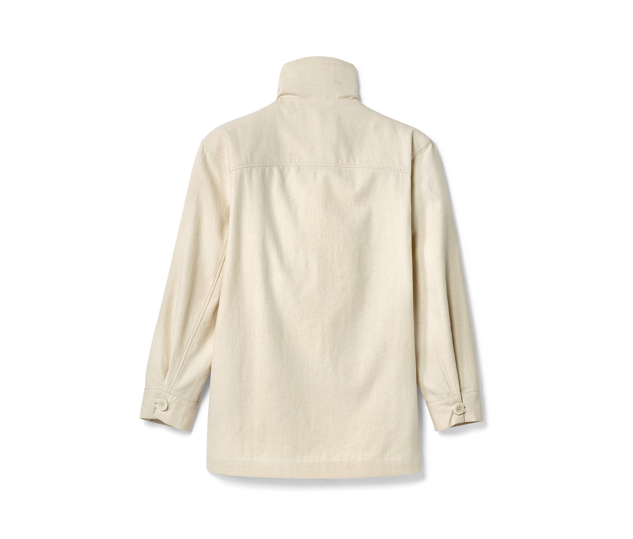 Rückseite der NAH/STUDIO Parka aus ungefärbter Baumwolle mit langen Ärmeln.