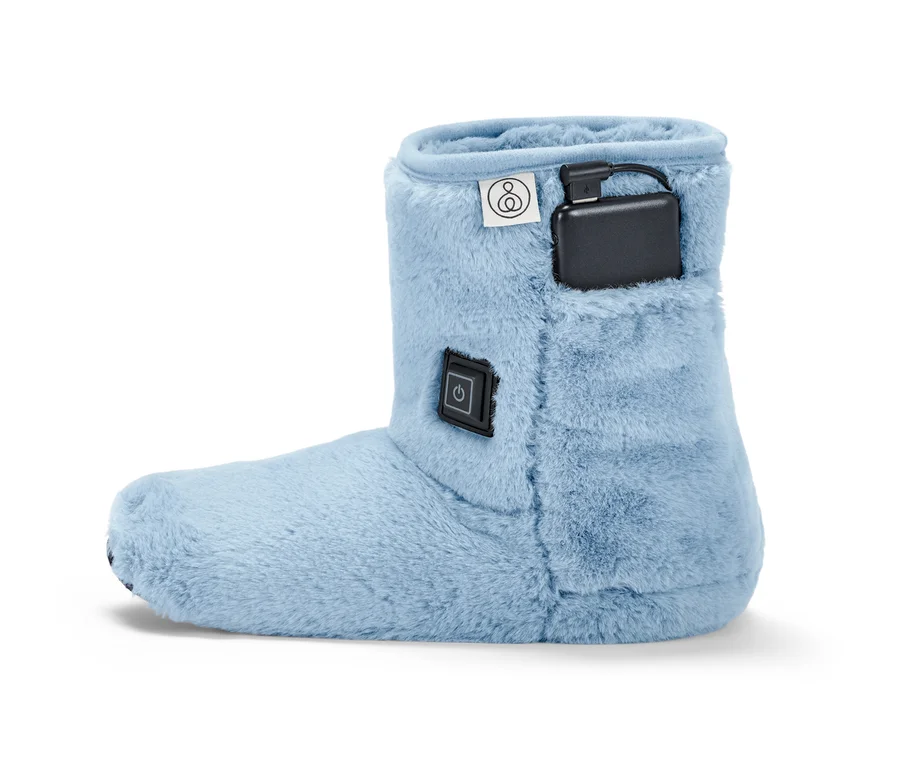 Ein blauer, beheizbarer Schuh mit einem schwarzen Akku.