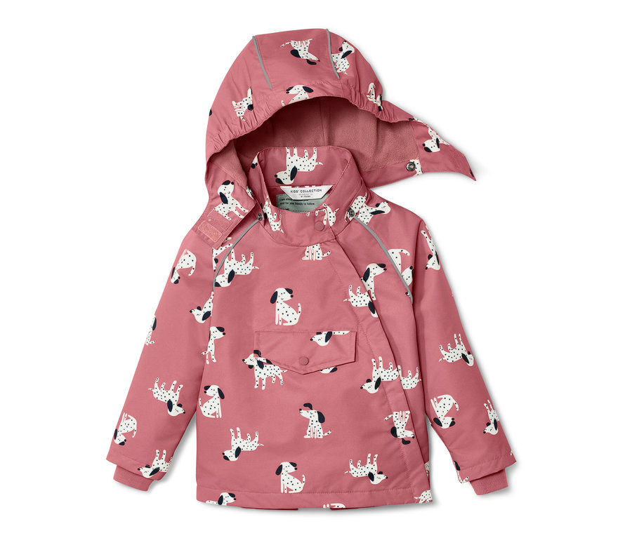 Rosa Kinder-Thermo-Regenjacke mit Dalmatiner-Muster.