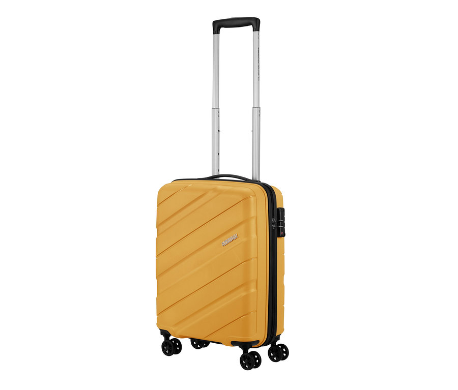 Gelber American Tourister »Jetdriver 3.0«, klein, banana cream mit ausziehbarem Griff und vier Rädern.