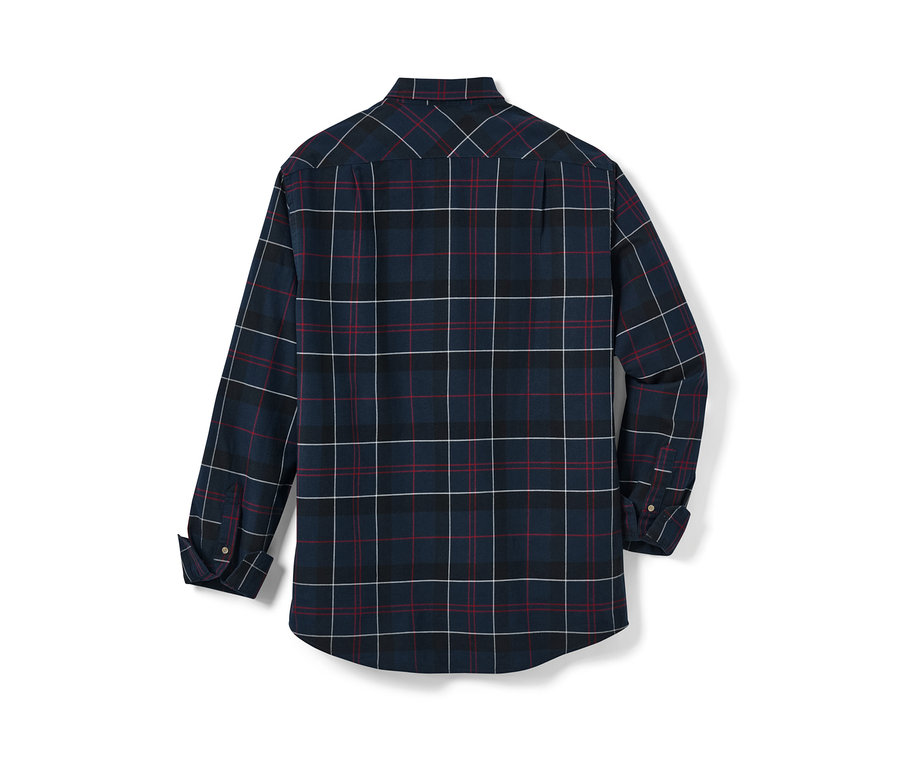 Ein marineblaues Flanellhemd mit Karomuster.
