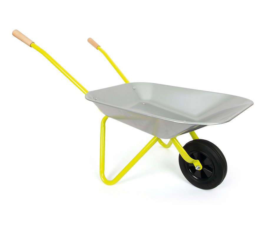 Gelbe small foot Schubkarre mit Gartenwerkzeug und schwarzem Rad.
