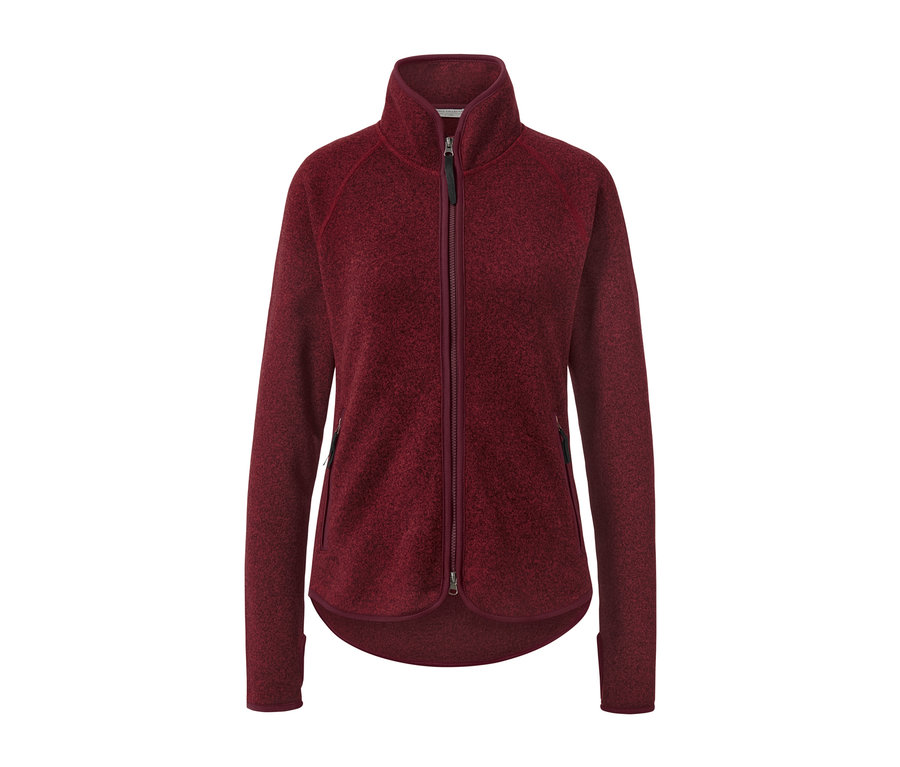Dunkelrote Strickfleece-Jacke mit Reißverschluss in der Mitte.