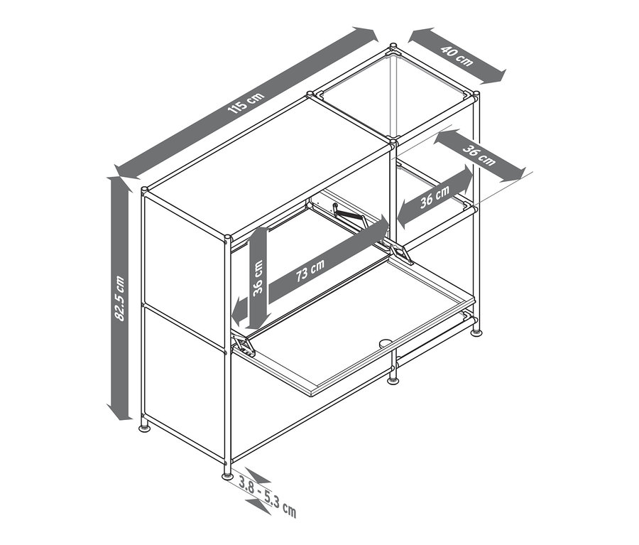 Illustration eines Metall-Sideboards »CN3« mit 2 Klappenfächern und Abmessungen.