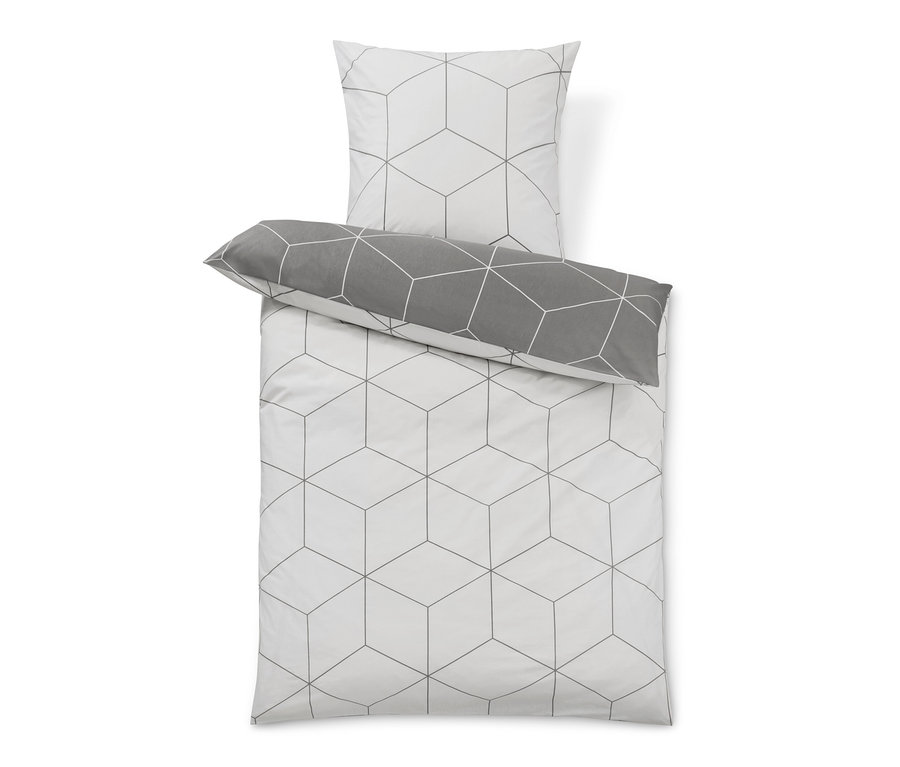 Ein Set Renforcé-Bettwäsche in Normal- und Übergröße mit geometrischem Muster.
