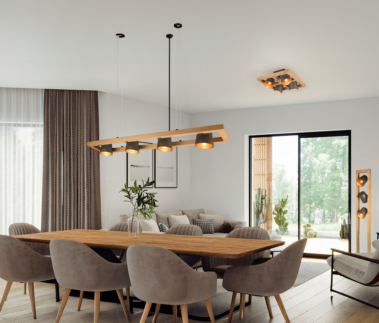 Esstisch mit sechs Stühlen unter der Trio Pendelleuchte »Bell«, 4-flammig. Eine weitere Trio Pendelleuchte ist an der Decke montiert.