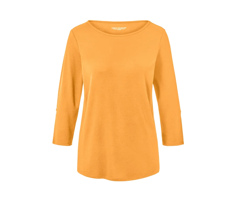 Orangefarbenes Funktionsshirt mit 3/4-Ärmeln.