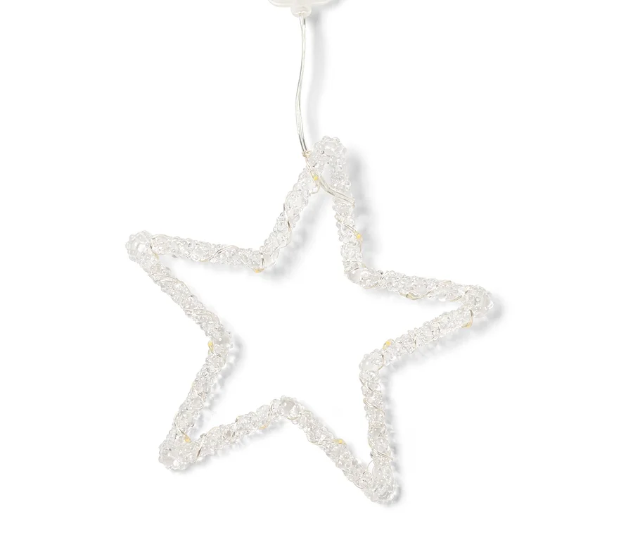 Dekorative Lichterkette in Sternform mit klaren Perlen und weißem Kabel.