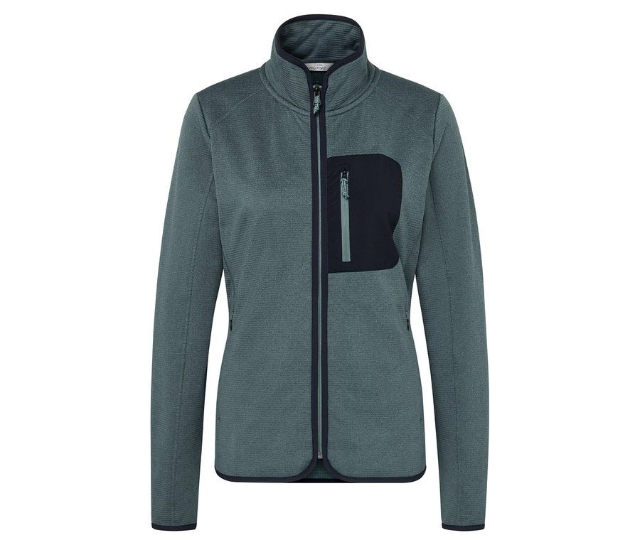 Grüne Fleecejacke mit Reißverschluss und Brusttasche.