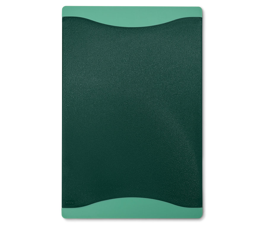 Grünes Schneidebrett mit aquamarinfarbenen, gewellten Griffen an beiden Seiten.